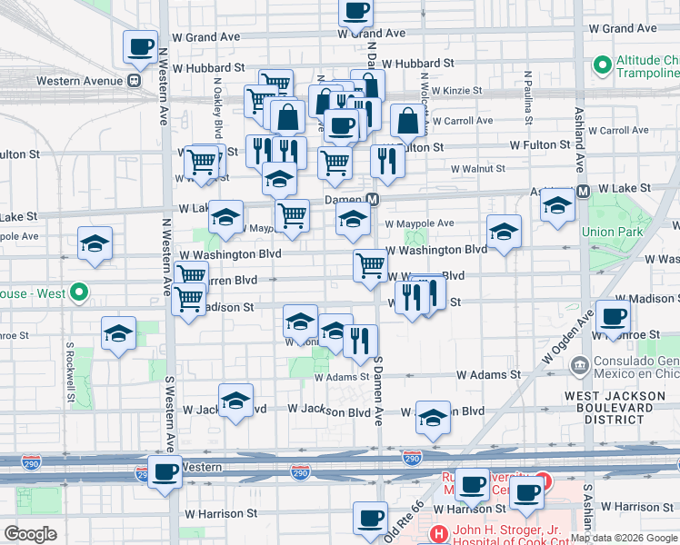 map of restaurants, bars, coffee shops, grocery stores, and more near 2031 West Washington Boulevard in Chicago