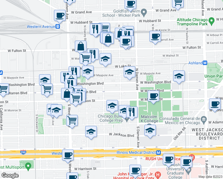 map of restaurants, bars, coffee shops, grocery stores, and more near 2147 West Washington Boulevard in Chicago