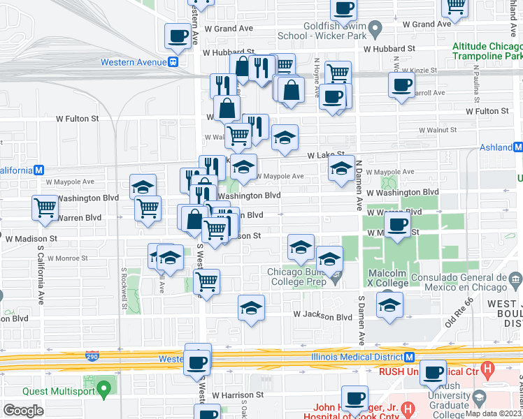 map of restaurants, bars, coffee shops, grocery stores, and more near 2223 West Washington Boulevard in Chicago