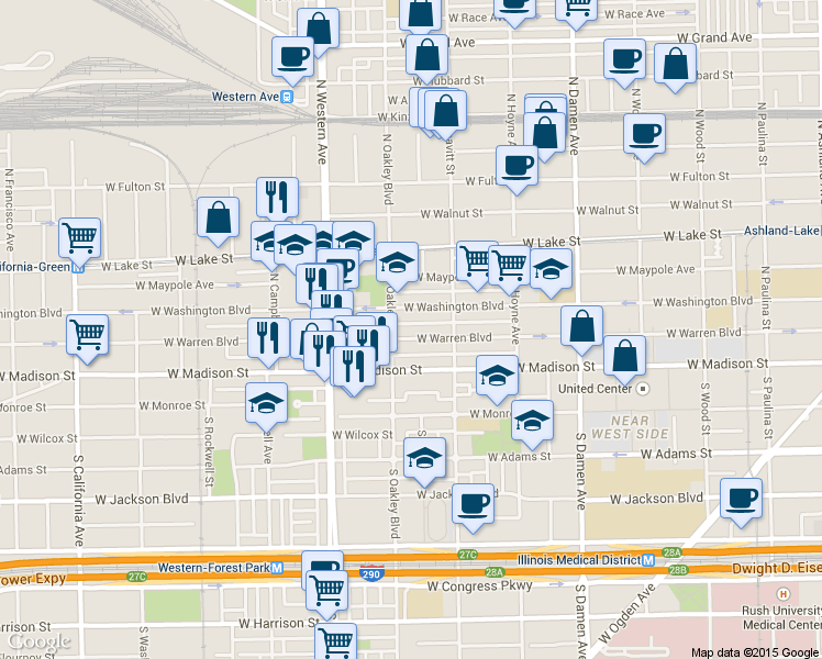 map of restaurants, bars, coffee shops, grocery stores, and more near 2223 West Washington Boulevard in Chicago