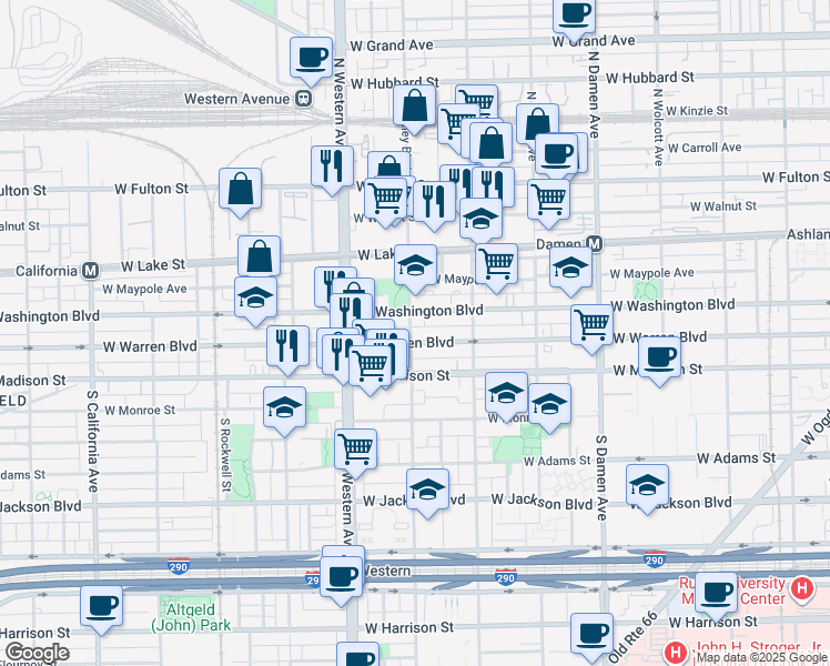 map of restaurants, bars, coffee shops, grocery stores, and more near 2312 West Washington Boulevard in Chicago