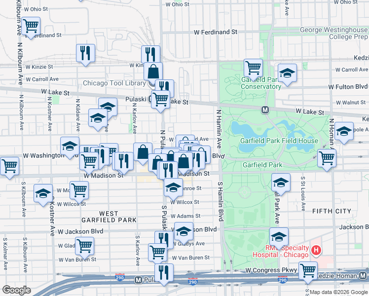 map of restaurants, bars, coffee shops, grocery stores, and more near 3738 West West End Avenue in Chicago