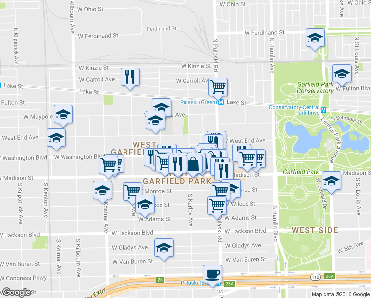 map of restaurants, bars, coffee shops, grocery stores, and more near 4121 West West End Avenue in Chicago