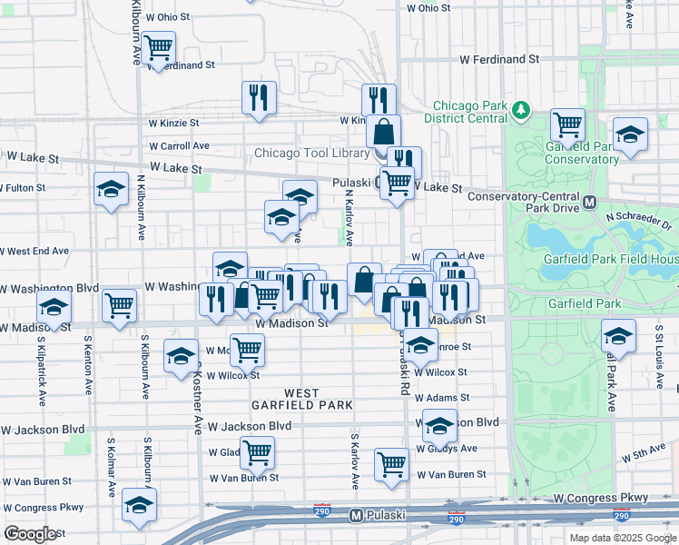 map of restaurants, bars, coffee shops, grocery stores, and more near 4121 West West End Avenue in Chicago