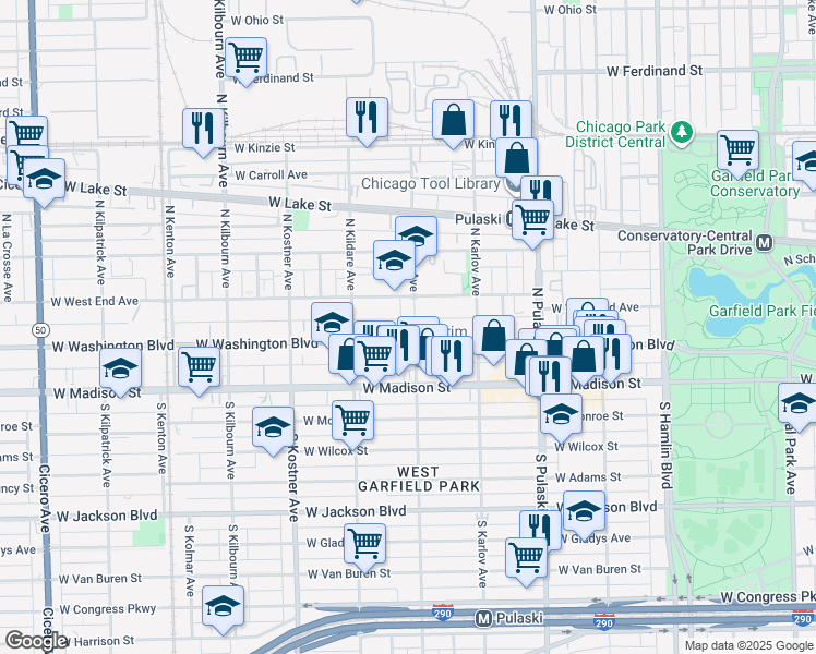 map of restaurants, bars, coffee shops, grocery stores, and more near 131 North Keeler Avenue in Chicago