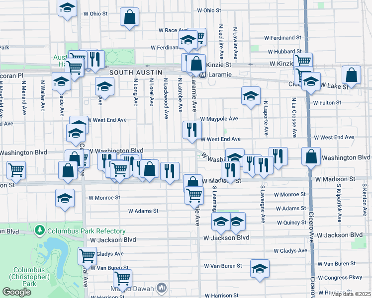 map of restaurants, bars, coffee shops, grocery stores, and more near 119 North Latrobe Avenue in Chicago