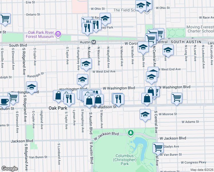 map of restaurants, bars, coffee shops, grocery stores, and more near 128 North Mayfield Avenue in Chicago