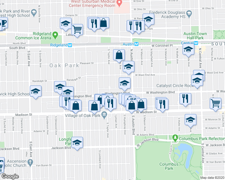 map of restaurants, bars, coffee shops, grocery stores, and more near 327 South Humphrey Avenue in Oak Park