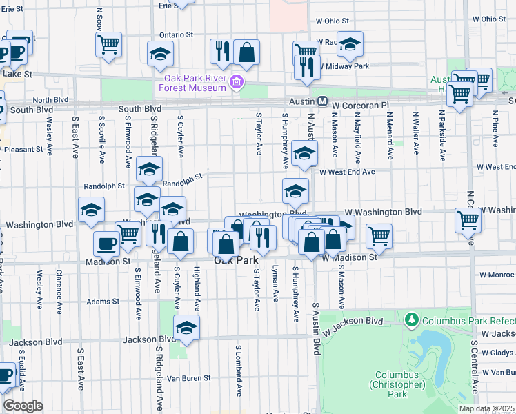 map of restaurants, bars, coffee shops, grocery stores, and more near 323 South Taylor Avenue in Oak Park