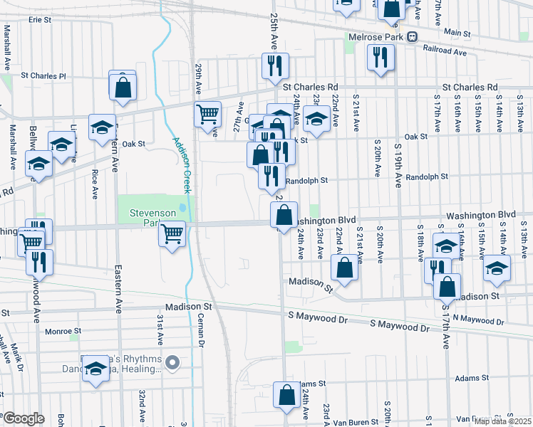 map of restaurants, bars, coffee shops, grocery stores, and more near 520 25th Avenue in Bellwood
