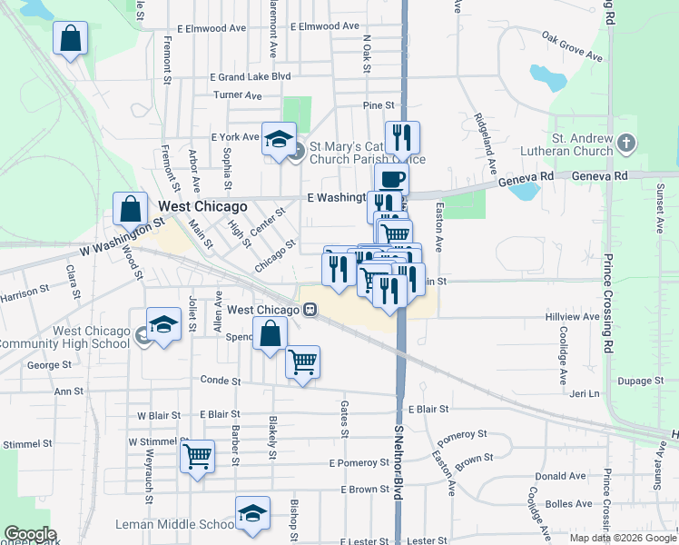map of restaurants, bars, coffee shops, grocery stores, and more near 464 Colford Avenue in West Chicago