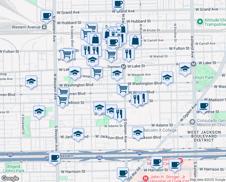 map of restaurants, bars, coffee shops, grocery stores, and more near 2031 West Washington Boulevard in Chicago