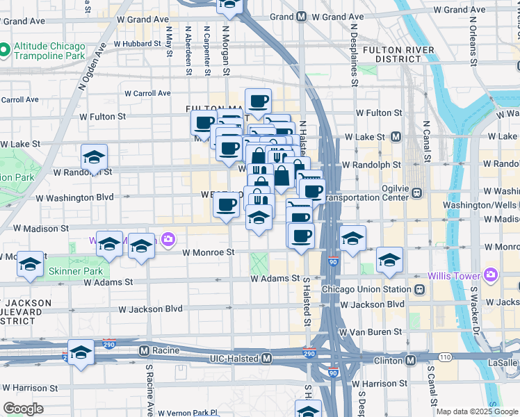 map of restaurants, bars, coffee shops, grocery stores, and more near 855 West Washington Boulevard in Chicago