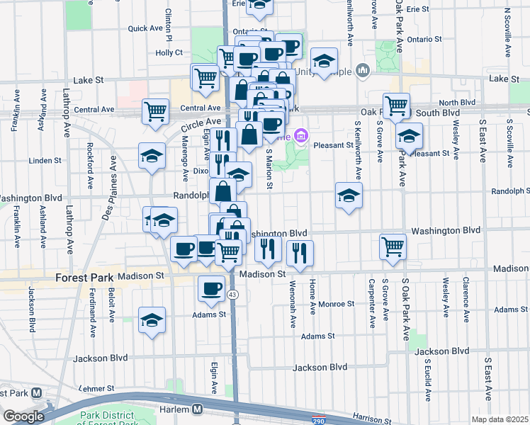 map of restaurants, bars, coffee shops, grocery stores, and more near 323 Wisconsin Avenue in Oak Park