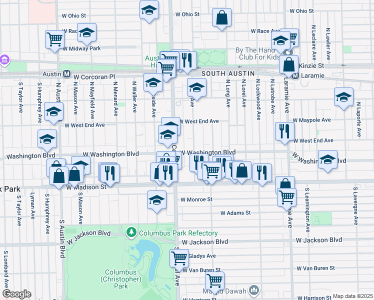 map of restaurants, bars, coffee shops, grocery stores, and more near 5508 West Washington Boulevard in Chicago