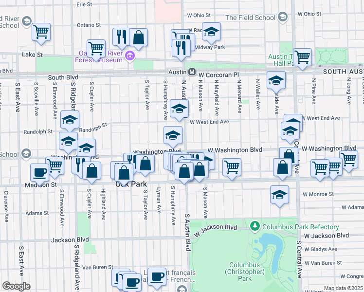 map of restaurants, bars, coffee shops, grocery stores, and more near 2 Washington Boulevard in Oak Park