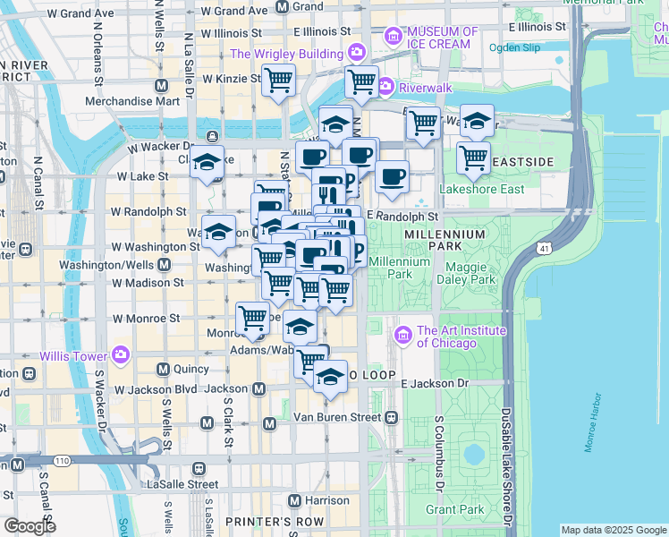 map of restaurants, bars, coffee shops, grocery stores, and more near 30 North Michigan Avenue in Chicago