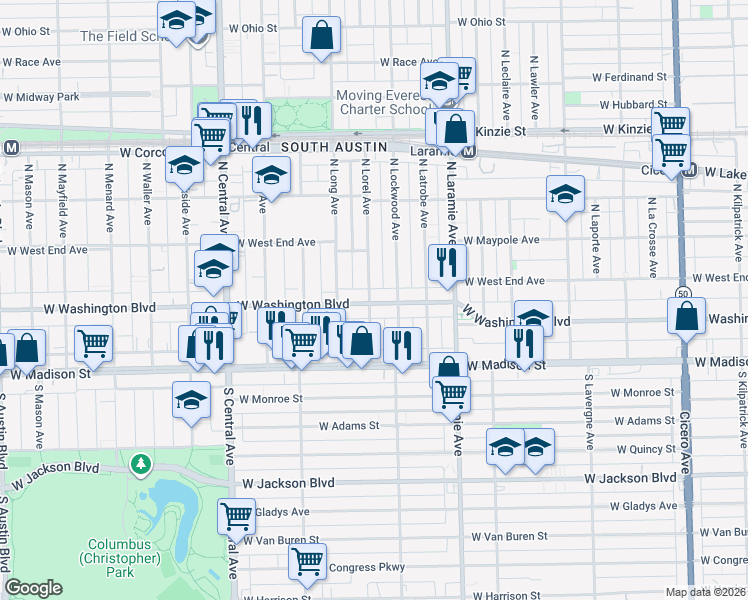 map of restaurants, bars, coffee shops, grocery stores, and more near 5322 West Washington Boulevard in Chicago