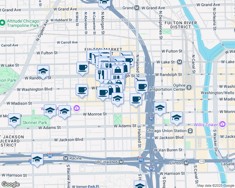 map of restaurants, bars, coffee shops, grocery stores, and more near 43 North Morgan Street in Chicago