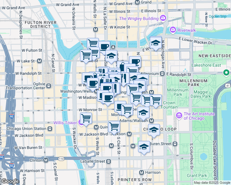 map of restaurants, bars, coffee shops, grocery stores, and more near 111 West Washington Street in Chicago