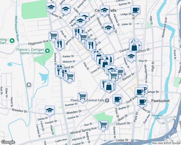 map of restaurants, bars, coffee shops, grocery stores, and more near 61 Knight Street in Central Falls