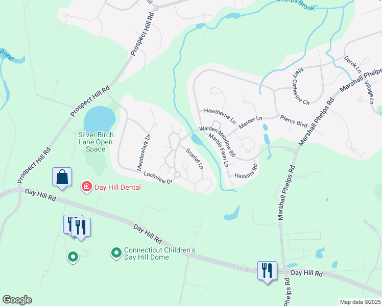 map of restaurants, bars, coffee shops, grocery stores, and more near Scarlet Lane in Windsor