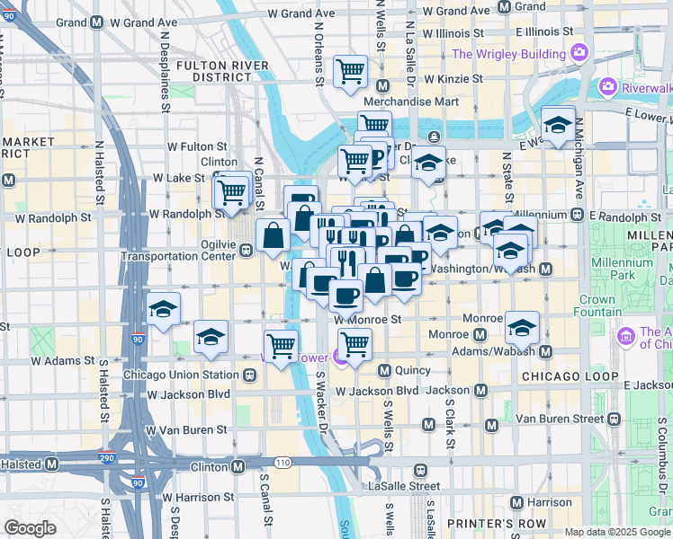 map of restaurants, bars, coffee shops, grocery stores, and more near One North Wacker Drive in Chicago