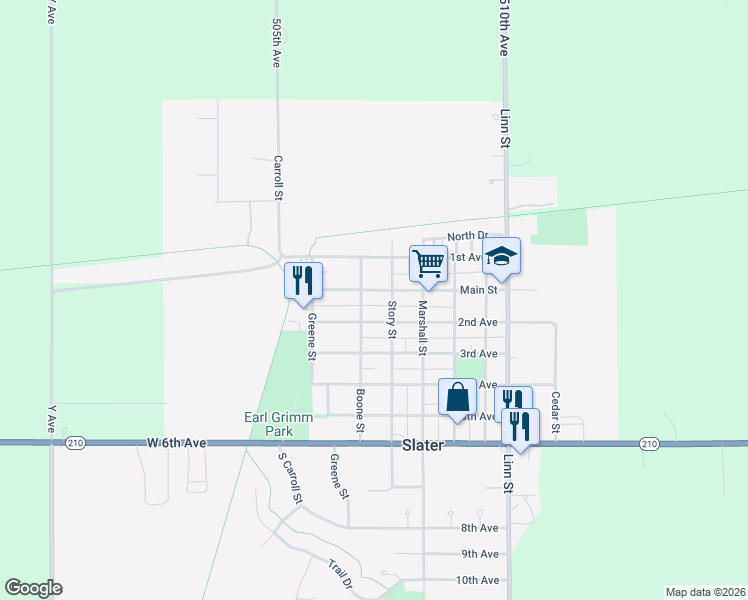 map of restaurants, bars, coffee shops, grocery stores, and more near in Slater
