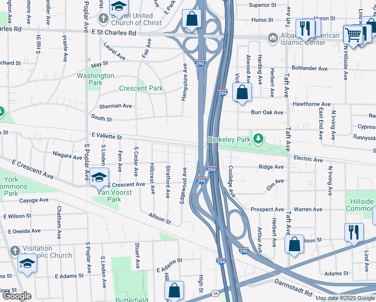 map of restaurants, bars, coffee shops, grocery stores, and more near 490 East Vallette Street in Elmhurst