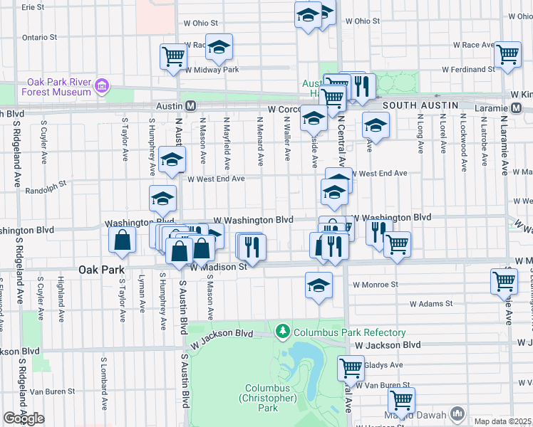 map of restaurants, bars, coffee shops, grocery stores, and more near 129 North Menard Avenue in Chicago