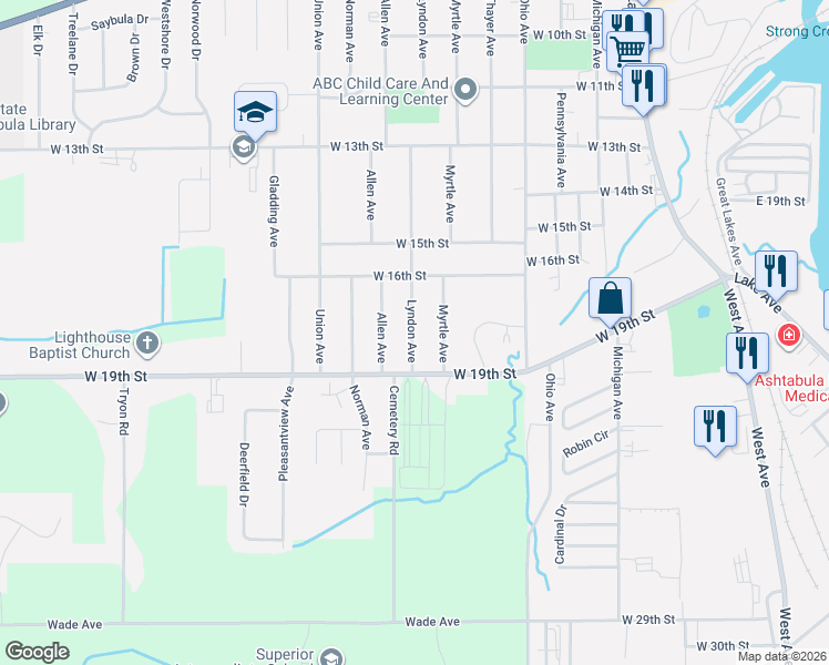 map of restaurants, bars, coffee shops, grocery stores, and more near 1710 Lyndon Avenue in Ashtabula
