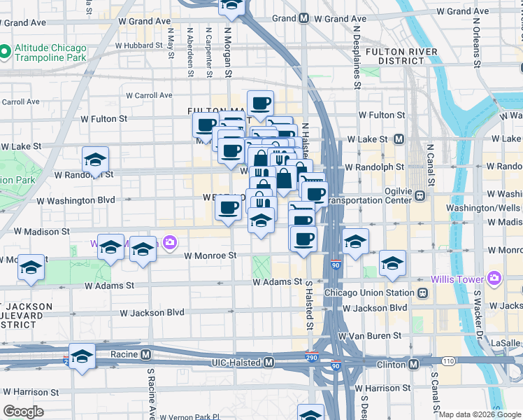 map of restaurants, bars, coffee shops, grocery stores, and more near 855 West Washington Boulevard in Chicago
