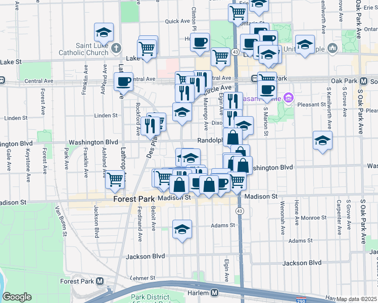 map of restaurants, bars, coffee shops, grocery stores, and more near 214 Circle Avenue in Forest Park