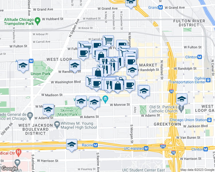 map of restaurants, bars, coffee shops, grocery stores, and more near 1123 West Washington Boulevard in Chicago