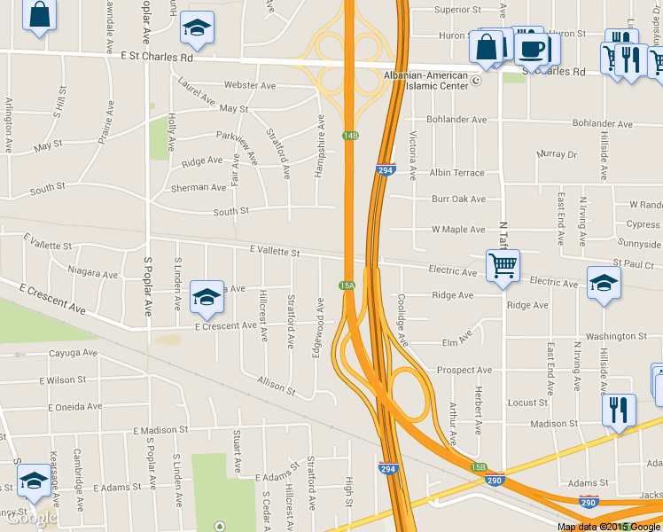 map of restaurants, bars, coffee shops, grocery stores, and more near 492 East Vallette Street in Elmhurst