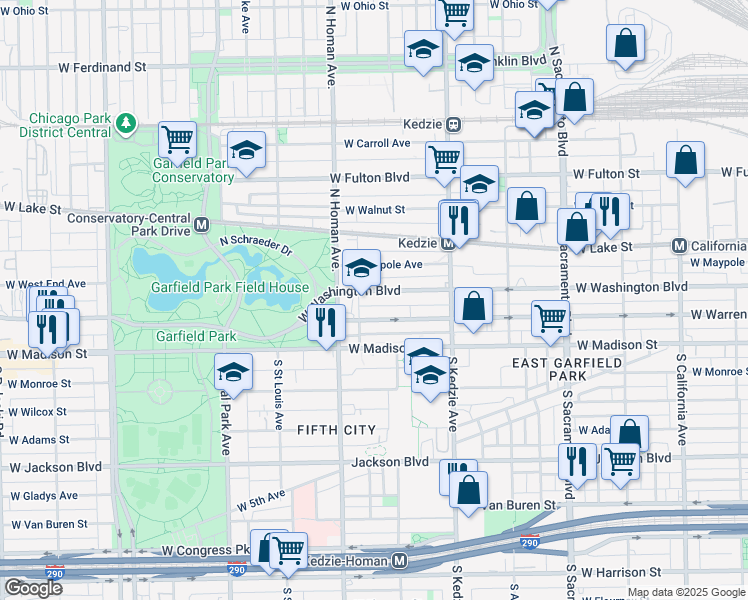 map of restaurants, bars, coffee shops, grocery stores, and more near 3322 West Washington Boulevard in Chicago