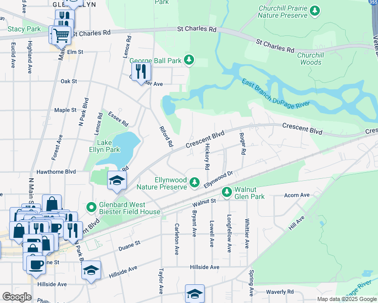 map of restaurants, bars, coffee shops, grocery stores, and more near 810 Crescent Boulevard in Glen Ellyn