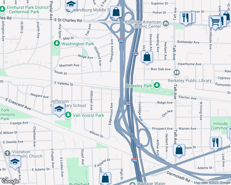 map of restaurants, bars, coffee shops, grocery stores, and more near 490 East Vallette Street in Elmhurst