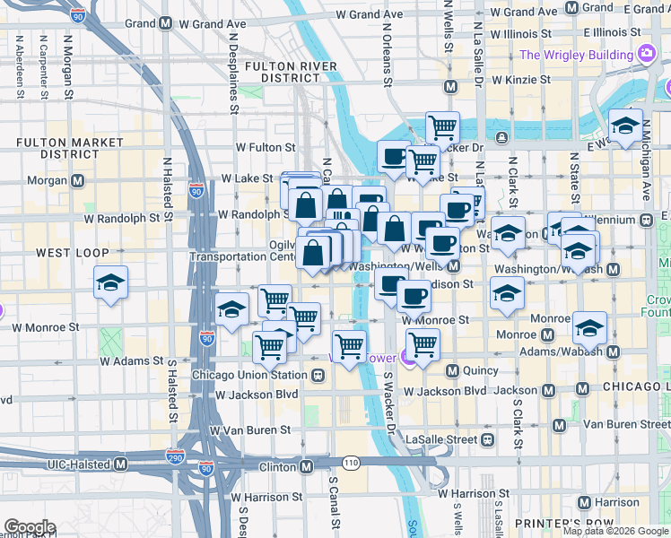 map of restaurants, bars, coffee shops, grocery stores, and more near 2 North Riverside Plaza in Chicago
