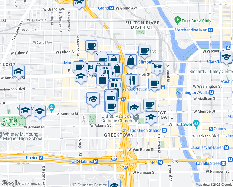 map of restaurants, bars, coffee shops, grocery stores, and more near 737 West Washington Boulevard in Chicago