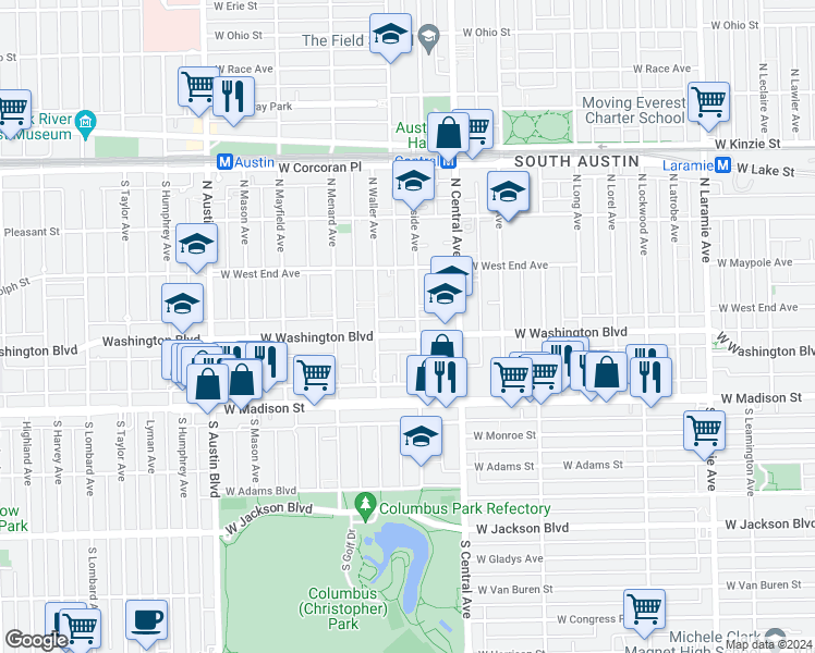 map of restaurants, bars, coffee shops, grocery stores, and more near 5646 West Washington Boulevard in Chicago