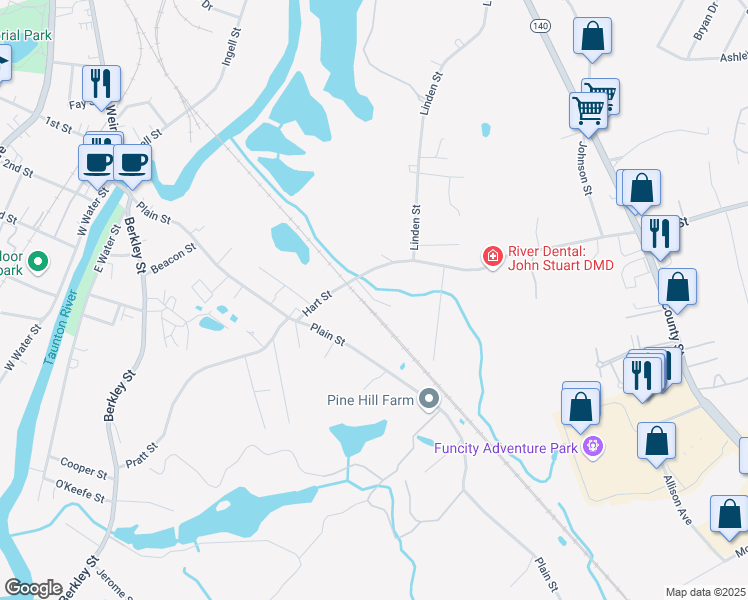 map of restaurants, bars, coffee shops, grocery stores, and more near 8 Alegi Avenue in Taunton
