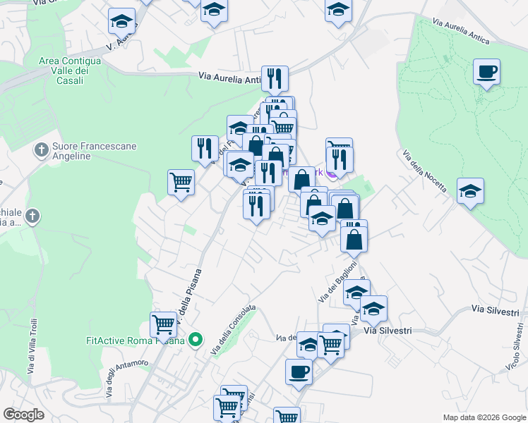 map of restaurants, bars, coffee shops, grocery stores, and more near 87-93 Via dei Gonzaga in Rome