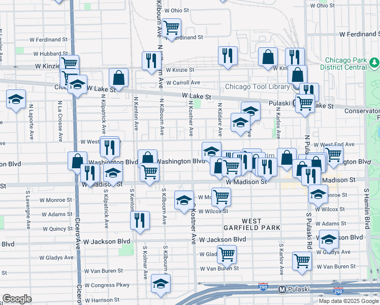 map of restaurants, bars, coffee shops, grocery stores, and more near 4349 West West End Avenue in Chicago