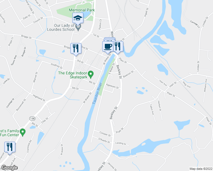 map of restaurants, bars, coffee shops, grocery stores, and more near 3 Agawam Street in Taunton
