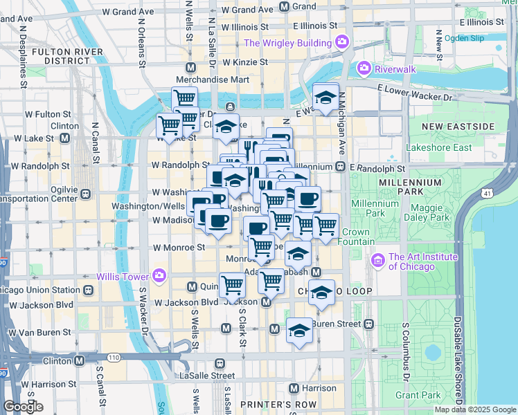 map of restaurants, bars, coffee shops, grocery stores, and more near 69 West Washington Street in Chicago