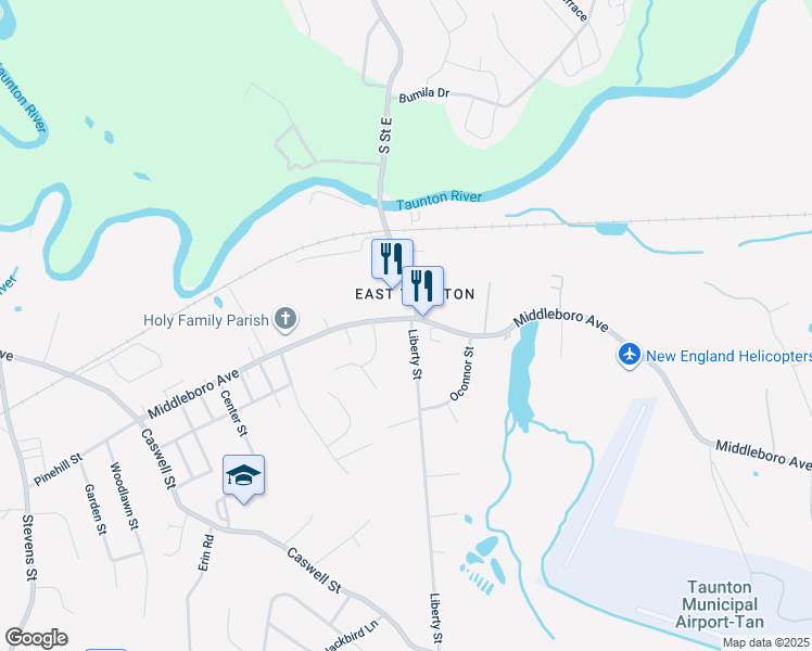 map of restaurants, bars, coffee shops, grocery stores, and more near 478 Middleboro Avenue in Taunton