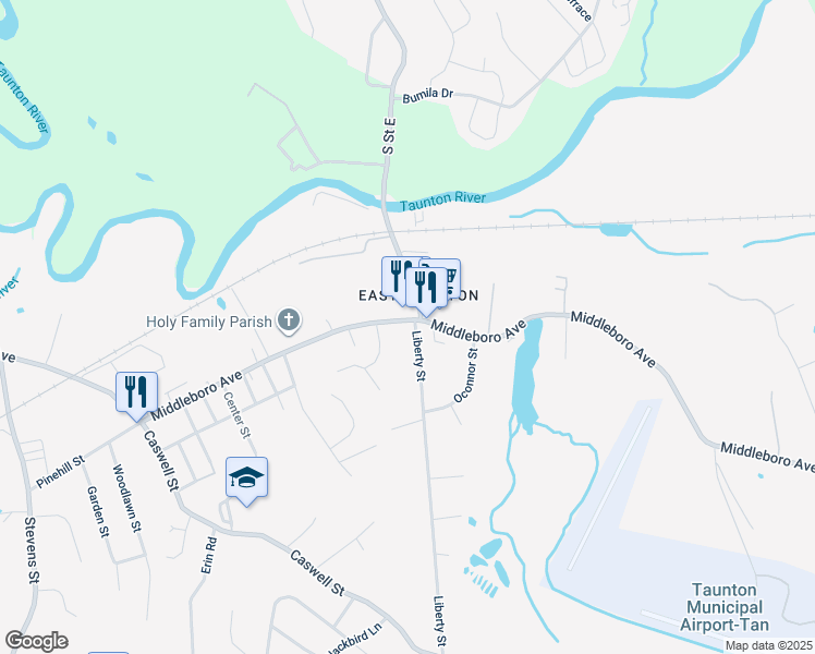 map of restaurants, bars, coffee shops, grocery stores, and more near 478 Middleboro Avenue in Taunton