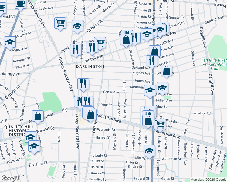 map of restaurants, bars, coffee shops, grocery stores, and more near 112 Saratoga Avenue in Pawtucket
