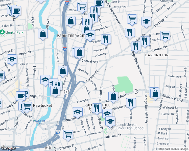 map of restaurants, bars, coffee shops, grocery stores, and more near 203 Cottage Street in Pawtucket
